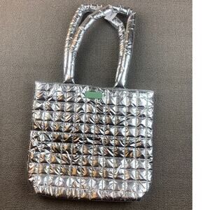Clinique Women Small Silver Mint Green Puffer Quilted Tote Bag Cosmetic Pouch